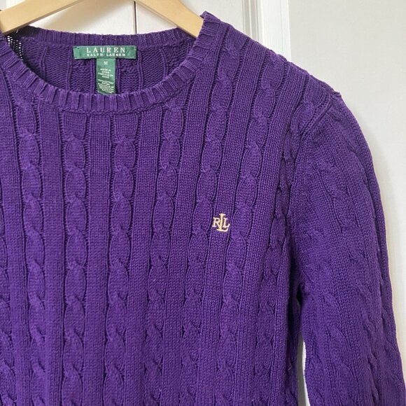 Lauren Ralph Lauren Cable Knit Sweater Womens M Purple Cotton Pullover Preppy - Picture 2 of 8